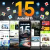 A collage of app icons and screenshots surrounding a smartphone displaying Android 15. Anteprima dell’immagine prodotto
