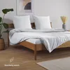 A neatly made bed with white bedding and pillows, a potted plant on the left, and a vase with dried flowers on the right. Voir les images du produit