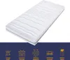 A white mattress with a wavy pattern on a white background, with a dark blue banner at the bottom containing icons and text. Produktbild-Vorschau