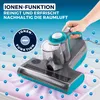 A hand holding a vacuum cleaner with a blue and teal color scheme, with blue circles representing ions floating around it. The vacuum is positioned over a mattress. Produktbild-Vorschau