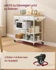 A kitchen cart with various items on it, including a microwave, pots, and fruit, with text overlays highlighting its features. Produktbild-Vorschau
