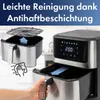 A close-up view of an air fryer, with a hand pulling out the basket and another showing the basket being cleaned. Produktbild-Vorschau