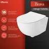 A white wall-mounted toilet is shown on the right side of the image, with a red background on the left featuring text and icons describing product features. Produktbild-Vorschau