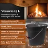 A black metal ash bucket with a lid, placed in front of a fireplace with burning logs. Text overlays describe the product's features and dimensions. Produktbild-Vorschau