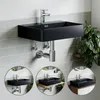 A black rectangular sink mounted on a tiled wall, with three circular inset images showing different installation options. Produktbild-Vorschau