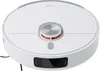 A white robotic vacuum cleaner with a silver dial on top. Voir les images du produit