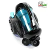 A close-up, angled view of a black and blue cylinder vacuum cleaner with a transparent dustbin. Produktbild-Vorschau