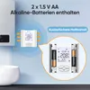 A diagram showing a smart thermostat connected to a boiler, with a close-up inset of the thermostat's battery compartment. Produktbild-Vorschau