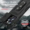 A black phone case with a ring holder and camera cover is shown in a dynamic, rocky outdoor setting. Produktbild-Vorschau