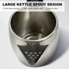 Close-up view of the top opening and spout of a stainless steel kettle, with text overlays highlighting product features. Produktbild-Vorschau