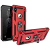 Three red and black phone cases are displayed against a white background. One case is upright, showing the front and side. Another case is lying flat, showing the back with a ring holder. A third case is partially visible on the left, showing the front of  Produktbild-Vorschau