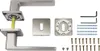 A set of door handles and installation hardware, laid out on a white background. Produktbild-Vorschau