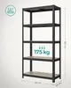 A black metal shelving unit with wooden shelves against a white background, with dimensions and weight capacity indicated. Náhled obrázku produktu