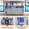 A gray LED sideboard with storage compartments, shown in a main image and two detail shots with text overlays. Produktbild-Vorschau
