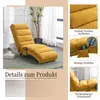 A collage of images showing a yellow chaise lounge, close-ups of its fabric and features, and text descriptions. Voir les images du produit