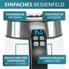 Close-up of a modern glass kettle's control panel with digital temperature display and function labels. Produktbild-Vorschau