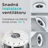 Collage showing a white ceiling fan with integrated LED light, demonstrating its installation flexibility on different ceiling angles. Náhled obrázku produktu