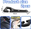 A collage showing a car seat gap filler, its dimensions, and how it is used in a car. Produktbild-Vorschau