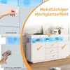 A collage-style marketing image showcasing a white high-gloss sideboard with LED lighting, highlighting features like protective film and ease of cleaning. Produktbild-Vorschau