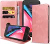A pink leather flip case for an iPhone is shown, with the phone inside and also displayed separately. The case has card slots and a magnetic closure. Produktbild-Vorschau