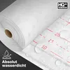 A roll of white waterproofing membrane with red measurement markings and water droplets on it, with text overlays indicating quality and waterproofing. Produktbild-Vorschau
