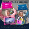 Two children are holding up boxes of AngelTech Kindertablet XL, with a pink tablet and headphones in the foreground. Produktbild-Vorschau