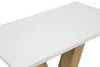 A close-up view of a white table with a wood-look base. Produktbild-Vorschau