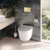 A modern bathroom with a wall-hung toilet, a sink, and a window overlooking greenery. Produktbild-Vorschau