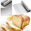 A collage of images showing a stainless steel dough scraper with a ruler, a block of butter, and sliced bread. Produktbild-Vorschau
