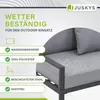 A close-up of a grey outdoor lounge sofa with water droplets on the cushion, surrounded by marketing text and icons. Produktbild-Vorschau
