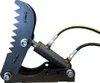 A close-up studio shot of a black hydraulic excavator thumb attachment with two hydraulic hoses. Produktbild-Vorschau