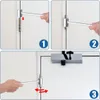 Three panels showing the steps to install a door hinge adjustment tool. Produktbild-Vorschau