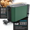 Product advertising collage featuring a toaster and bread rolls, with text overlays describing features and safety information. Náhľad obrázku produktu