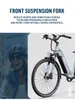 A split image showing a woman on the left and the front of an electric bike on the right, with text describing the front suspension fork. Produktbild-Vorschau