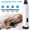 A child and a pug puppy sleeping peacefully, with a nail grinder product shown next to them. Náhled obrázku produktu