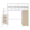 A white loft bed with stairs, a wardrobe, and a desk area, shown against a white background. Produktbild-Vorschau