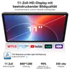 A tablet displaying a colorful wallpaper, with various streaming service logos and product specifications below. Produktbild-Vorschau