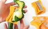 A collage of images showing a vegetable peeler shaped like a pencil sharpener being used to peel a zucchini and a carrot. Produktbild-Vorschau