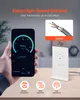 A hand holding a smartphone displaying a speed test, next to a white network device and icons indicating network features. Náhled obrázku produktu