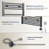Collage of images showing different aspects of an electric towel warmer, including its heating element and cable. Voir les images du produit