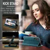 A woman is looking at a phone case with a kickstand feature, with product shots of the case in the background. Produktbild-Vorschau