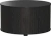 A dark wood coffee table with a curved front and a sliding door. Náhled obrázku produktu