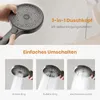 A collage of images showing a hand holding a shower head, and three close-ups of the shower head with different water spray patterns. Podgląd zdjęcia produktu
