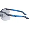 A pair of safety glasses with clear lenses and blue and gray frames, shown from the side against a white background. Produktbild-Vorschau