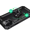 A black phone case with a ring holder is shown at an angle, with arrows indicating rotation angles. Produktbild-Vorschau