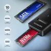An AXAGON M.2 NVMe and SATA SSD adapter is shown with two different SSDs inserted, one blue and one red, illustrating its compatibility with both types. The adapter is connected to a USB-A cable. Náhled obrázku produktu