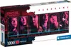 The image shows the packaging of a Clementoni 1000-piece panorama puzzle featuring characters from the Netflix series Stranger Things. Produktbild-Vorschau