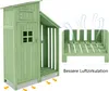 A green wooden garden shed with an inset showing improved air circulation. Náhled obrázku produktu