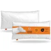 Two white pillows are shown, one in front of the other, against a white background. The front pillow has an orange band with text and graphics. Náhled obrázku produktu