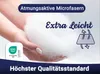 Hands holding fluffy white material, with text overlays and logos. Produktbild-Vorschau